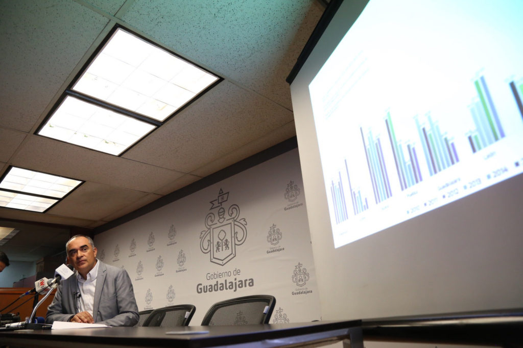 El titular de la Comisaría de Guadalajara, Salvador Caro Cabrera presentando estadísticas sobre los delitos en Guadalajara. Foto: Especial
